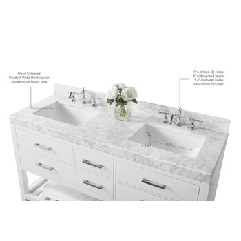 Ancerre Designs Elizabeth 60'' Double Sink Bath Vanity in White with Italian Carrara White Marble Vanity top and (2) White Undermount Basins, 60''W x 22“D x 34-1/2''H