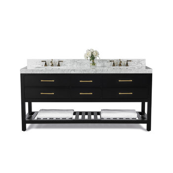 Ancerre Designs Elizabeth 72'' Double Sink Bath Vanity in Black Onyx with Italian Carrara White Marble Vanity top and (2) White Undermount Basins with Gold Hardware, 72''W x 22''D x 34-1/2''H