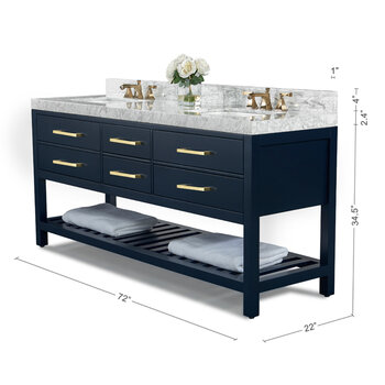 Ancerre Designs Elizabeth 72'' Double Sink Bath Vanity in Heritage Blue with Italian Carrara White Marble Vanity top and (2) White Undermount Basins with Gold Hardware, 72''W x 22''D x 34-1/2''H