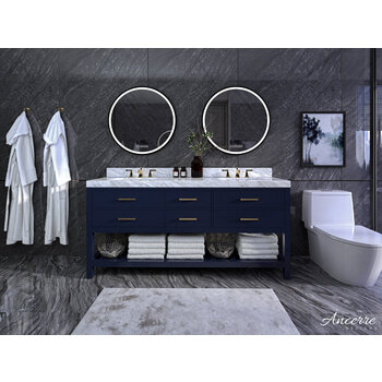 Ancerre Designs Elizabeth 72'' Double Sink Bath Vanity in Heritage Blue with Italian Carrara White Marble Vanity top and (2) White Undermount Basins with Gold Hardware, 72''W x 22''D x 34-1/2''H