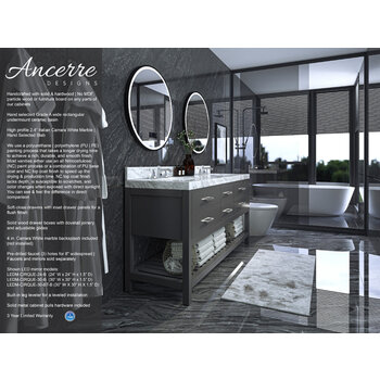 Ancerre Designs Elizabeth 72'' Double Sink Bath Vanity in Sapphire Gray with Italian Carrara White Marble Vanity top and (2) White Undermount Basins, 72''W x 22''D x 34-1/2''H