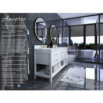 Ancerre Designs Elizabeth 72'' Double Sink Bath Vanity in White with Italian Carrara White Marble Vanity top and (2) White Undermount Basins with Gold Hardware, 72''W x 22''D x 34-1/2''H