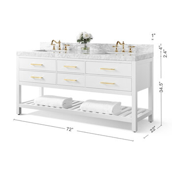 Ancerre Designs Elizabeth 72'' Double Sink Bath Vanity in White with Italian Carrara White Marble Vanity top and (2) White Undermount Basins with Gold Hardware, 72''W x 22''D x 34-1/2''H