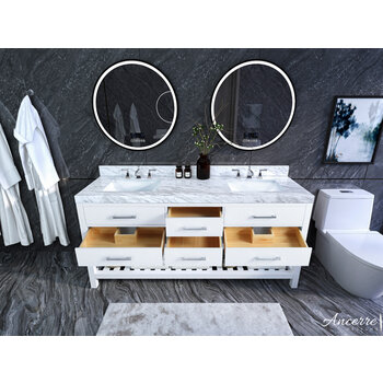 Ancerre Designs Elizabeth 72'' Double Sink Bath Vanity in White with Italian Carrara White Marble Vanity top and (2) White Undermount Basins, 72''W x 22''D x 34-1/2''H
