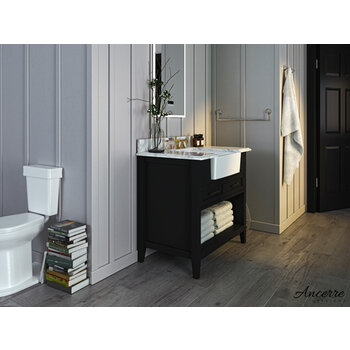Ancerre Designs Hayley 36'' Bath Vanity Set w/ Cabinet Base in Black Onyx, Italian Carrara White Marble Vanity Top, and White Farmhouse Apron Basin