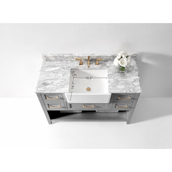 Ancerre Designs Hayley 48'' Bath Vanity Set w/ Cabinet Base in Sea Cloud Gray, Italian Carrara White Marble Vanity Top, and White Farmhouse Apron Basin