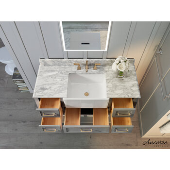 Ancerre Designs Hayley 48'' Bath Vanity Set w/ Cabinet Base in Sea Cloud Gray, Italian Carrara White Marble Vanity Top, and White Farmhouse Apron Basin