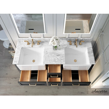 Ancerre Designs Hayley 60'' Bath Vanity Set w/ Cabinet Base in Black Onyx, Italian Carrara White Marble Vanity Top, and White Farmhouse Apron Basin