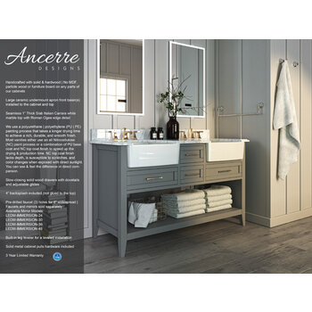 Ancerre Designs Hayley 60'' Bath Vanity Set w/ Cabinet Base in Sea Cloud Gray, Italian Carrara White Marble Vanity Top, and White Farmhouse Apron Basin
