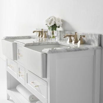 Ancerre Designs Hayley 60'' White, Carrara Marble Top, Apron Basin, Gold Hardware