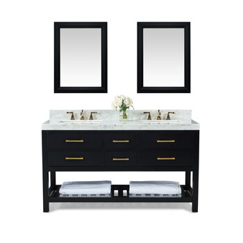 Ancerre Designs Elizabeth 60'' Bath Vanity Set in Black Onyx with Italian Carrara White Marble Vanity top, White Undermount Basin with Gold Hardware and Onyx Black Mirror, 60''W x 22''D x 34-1/2''H