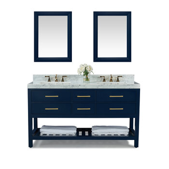 Ancerre Designs Elizabeth 60'' Bath Vanity Set in Heritage Blue with Italian Carrara White Marble Vanity top, White Undermount Basin with Gold Hardware and Heritage Blue Mirror, 60''W x 22''D x 34-1/2''H