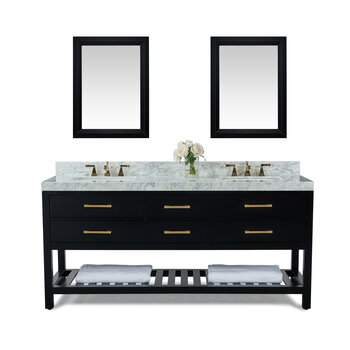Ancerre Designs Elizabeth 72'' Bath Vanity Set in Black Onyx with Italian Carrara White Marble Vanity top, White Undermount Basin with Gold Hardware and Onyx Black Mirror, 72''W x 22''D x 34-1/2''H