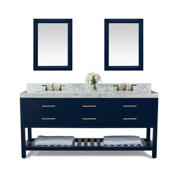 Ancerre Designs Elizabeth 72'' Bath Vanity Set in Heritage Blue with Italian Carrara White Marble Vanity top, White Undermount Basin with Gold Hardware and Heritage Blue Mirror, 72''W x 22''D x 34-1/2''H