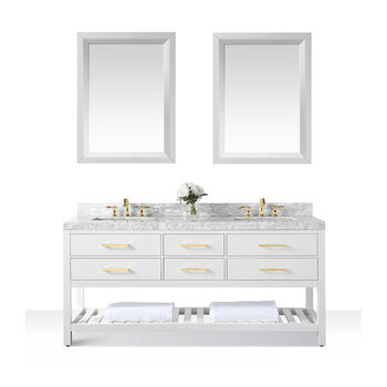 Ancerre Designs Elizabeth 72'' Bath Vanity Set in White with Italian Carrara White Marble Vanity top, White Undermount Basin with Gold Hardware and White Mirror, 72''W x 22''D x 34-1/2''H