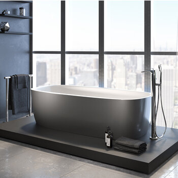 Aquatica Coletta ™ Rectangular Freestanding AquateX™ Solid Surface Bathtub, Gunmetal / White Bathtub In Use Bathroom Angle View