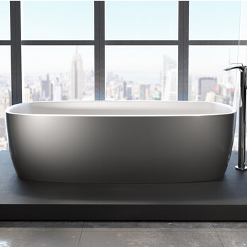 Aquatica Coletta ™ Rectangular Freestanding AquateX™ Solid Surface Bathtub, Gunmetal / White Bathtub In Use Bathroom Front Close Up View