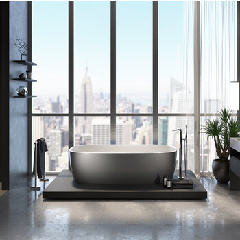 Aquatica Coletta ™ Rectangular Freestanding AquateX™ Solid Surface Bathtub, Gunmetal / White Bathtub In Use Bathroom Front View