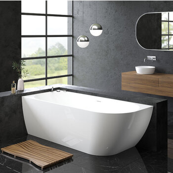 Aquatica Purescape™ 118 Freestanding Corner Acrylic Bathtub, 70-3/4'' W x 31-1/2'' D x 23-1/2'' H, White Right Bathtub In Use Bathroom Angle View