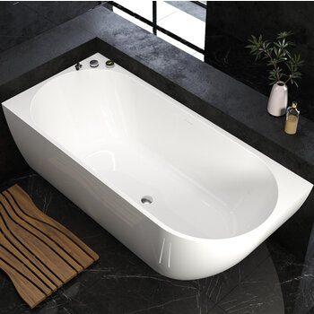 Aquatica Purescape™ 118 Freestanding Corner Acrylic Bathtub, 70-3/4'' W x 31-1/2'' D x 23-1/2'' H, White Right Bathtub In Use Bathroom Overhead Angle View