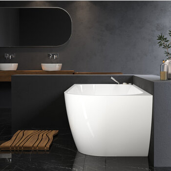 Aquatica Purescape™ 118 Freestanding Corner Acrylic Bathtub, 70-3/4'' W x 31-1/2'' D x 23-1/2'' H, White Right Bathtub In Use Bathroom Side View
