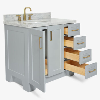 ARIEL Taylor 37'' W Single Sink Bath Vanity with Left Offset Oval Sink and Carrara White Marble Countertop, Opened View