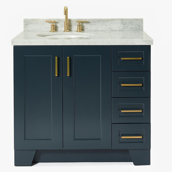 ARIEL Taylor 37'' W Single Sink Bath Vanity with Left Offset Oval Sink and Carrara White Marble Countertop, Front View
