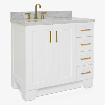 ARIEL Taylor 37'' W Single Sink Bath Vanity with Left Offset Oval Sink and Carrara White Marble Countertop, Angle View
