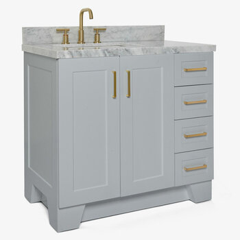 ARIEL Taylor 37'' W Single Sink Bath Vanity with Left Offset Rectangle Sink and Carrara White Marble Countertop, Angle View