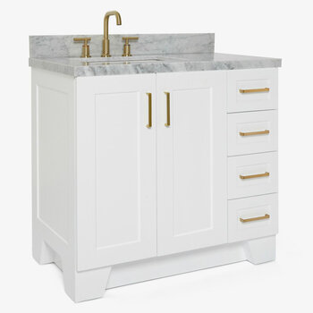 ARIEL Taylor 37'' W Single Sink Bath Vanity with Left Offset Rectangle Sink and Carrara White Marble Countertop, Angle View