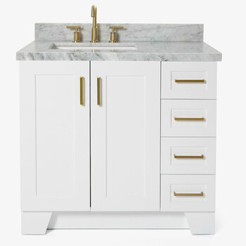 ARIEL Taylor 37'' W Single Sink Bath Vanity with Left Offset Rectangle Sink and Carrara White Marble Countertop, Front View