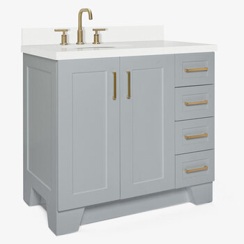ARIEL Taylor 37'' W Single Sink Bath Vanity with Left Offset Oval Sink and White Quartz Countertop, Angle View