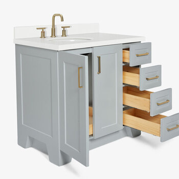 ARIEL Taylor 37'' W Single Sink Bath Vanity with Left Offset Oval Sink and White Quartz Countertop, Opened View