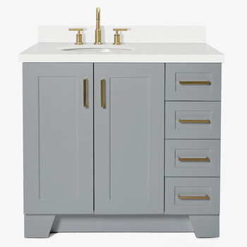 ARIEL Taylor 37'' W Single Sink Bath Vanity with Left Offset Oval Sink and White Quartz Countertop, Front View