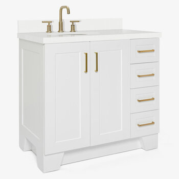 ARIEL Taylor 37'' W Single Sink Bath Vanity with Left Offset Oval Sink and White Quartz Countertop, Angle View