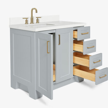 ARIEL Taylor 37'' W Single Sink Bath Vanity with Left Offset Rectangle Sink and White Quartz Countertop, Opened View