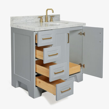 ARIEL Taylor 37'' W Single Sink Bath Vanity with Right Offset Oval Sink and Carrara White Marble Countertop, Opened View