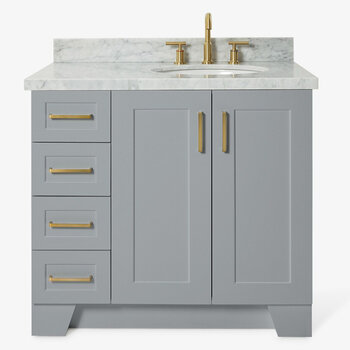 ARIEL Taylor 37'' W Single Sink Bath Vanity with Right Offset Oval Sink and Carrara White Marble Countertop, Front View