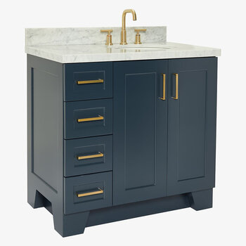 ARIEL Taylor 37'' W Single Sink Bath Vanity with Right Offset Oval Sink and Carrara White Marble Countertop, Angle View