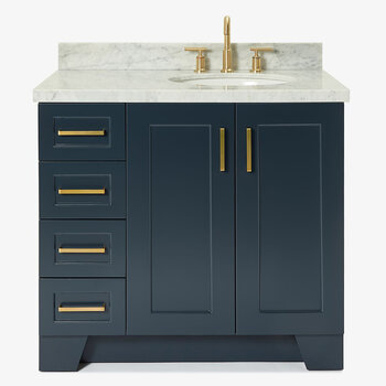 ARIEL Taylor 37'' W Single Sink Bath Vanity with Right Offset Oval Sink and Carrara White Marble Countertop, Front View