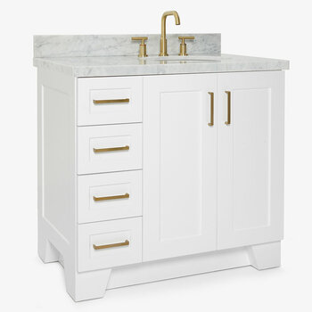 ARIEL Taylor 37'' W Single Sink Bath Vanity with Right Offset Oval Sink and Carrara White Marble Countertop, Angle View