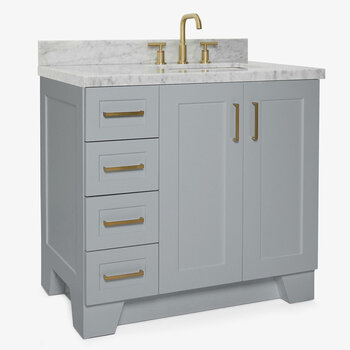 ARIEL Taylor 37'' W Single Sink Bath Vanity with Right Offset Rectangle Sink and Carrara White Marble Countertop, Angle View