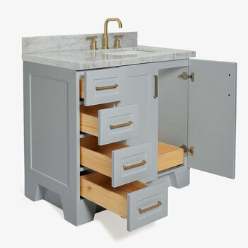 ARIEL Taylor 37'' W Single Sink Bath Vanity with Right Offset Rectangle Sink and Carrara White Marble Countertop, Opened View
