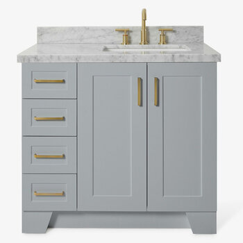 ARIEL Taylor 37'' W Single Sink Bath Vanity with Right Offset Rectangle Sink and Carrara White Marble Countertop, Front View