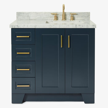 ARIEL Taylor 37'' W Single Sink Bath Vanity with Right Offset Rectangle Sink and Carrara White Marble Countertop, Front View