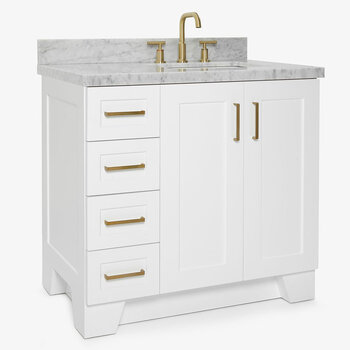 ARIEL Taylor 37'' W Single Sink Bath Vanity with Right Offset Rectangle Sink and Carrara White Marble Countertop, Angle View