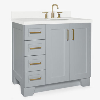 ARIEL Taylor 37'' W Single Sink Bath Vanity with Right Offset Oval Sink and White Quartz Countertop, Angle View