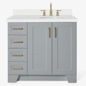 ARIEL Taylor 37'' W Single Sink Bath Vanity with Right Offset Oval Sink and White Quartz Countertop, Front View