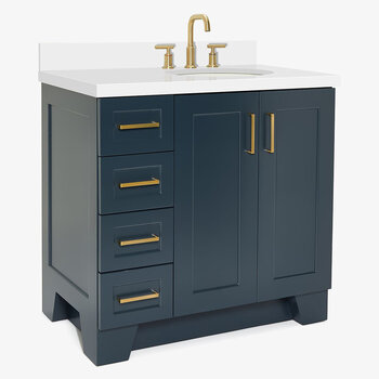 ARIEL Taylor 37'' W Single Sink Bath Vanity with Right Offset Oval Sink and White Quartz Countertop, Angle View