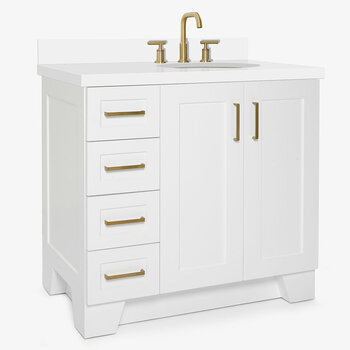 ARIEL Taylor 37'' W Single Sink Bath Vanity with Right Offset Oval Sink and White Quartz Countertop, Angle View